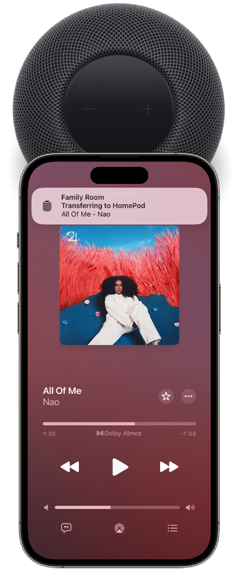 An iPhone near the top of HomePod. The iPhone screen shows a song playing, and the song has been transferred to HomePod.