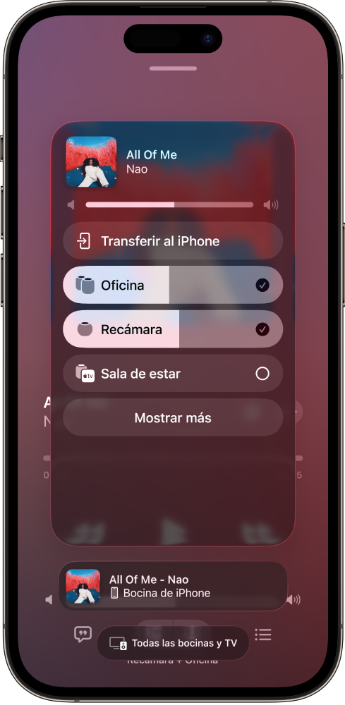 Una pantalla de un iPhone que muestra una canción en reproducción y una lista de dispositivos HomePod y Apple TV. El HomePod de la oficina está seleccionado.