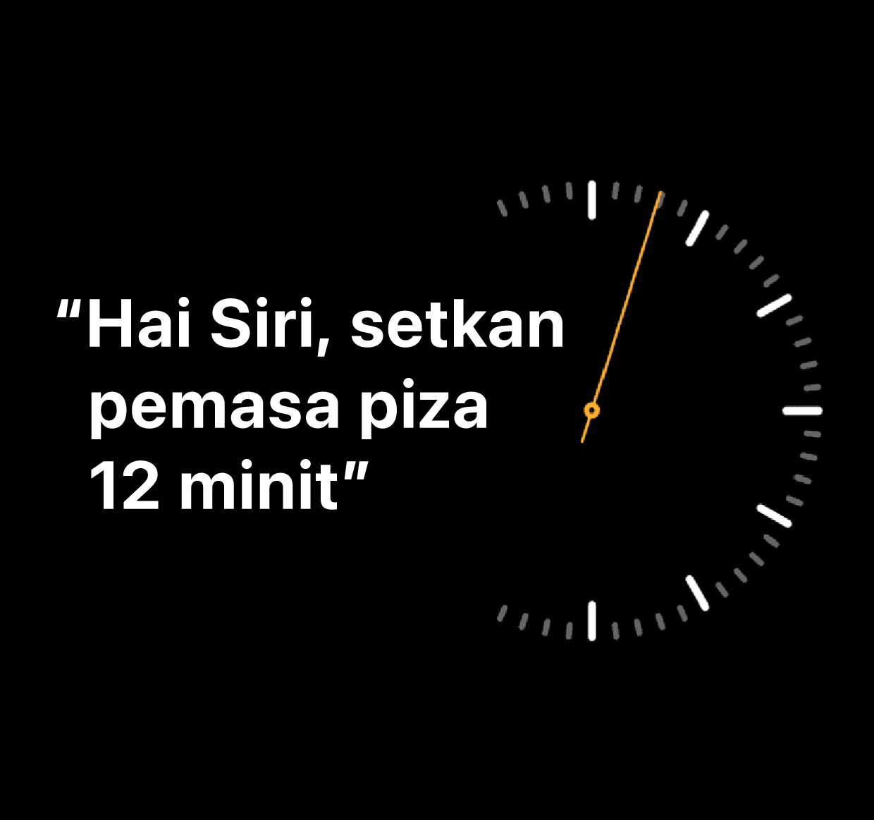 Ilustrasi perkataan “Hai Siri, setkan pemasa piza 12 minit”.
