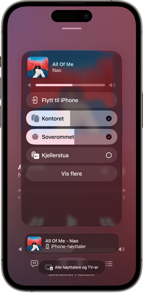 En iPhone-skjerm viser sangen som spilles av, og en liste over HomePod- og Apple TV-enheter. HomePod for kontoret er valgt.