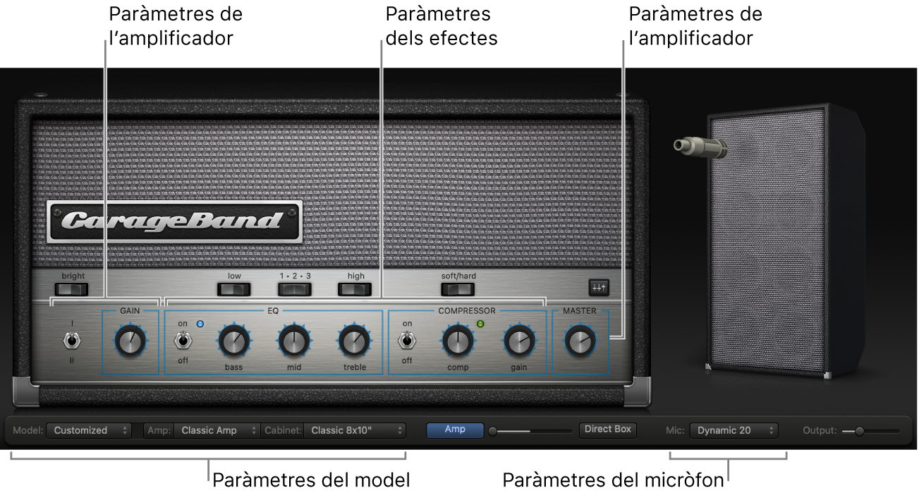 Finestra de Bass Amp Designer, mostrant diverses àrees de control.