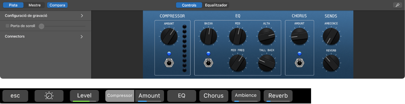 Figura. Smart Controls d’una pista de guitarra acústica i dreceres de la pantalla de Smart Controls dinàmica.