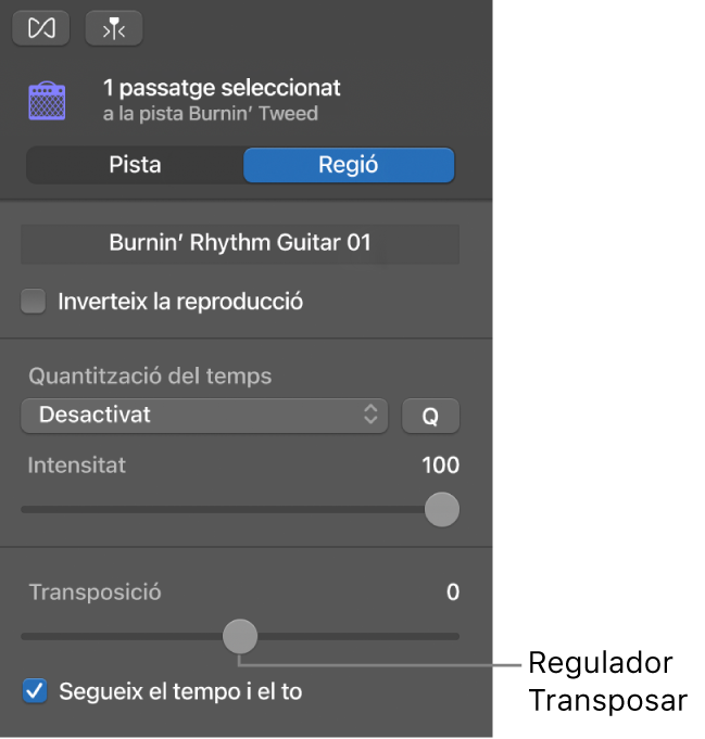 L’inspector de l’editor d’àudio en mode Passatge, amb el regulador Transposar.