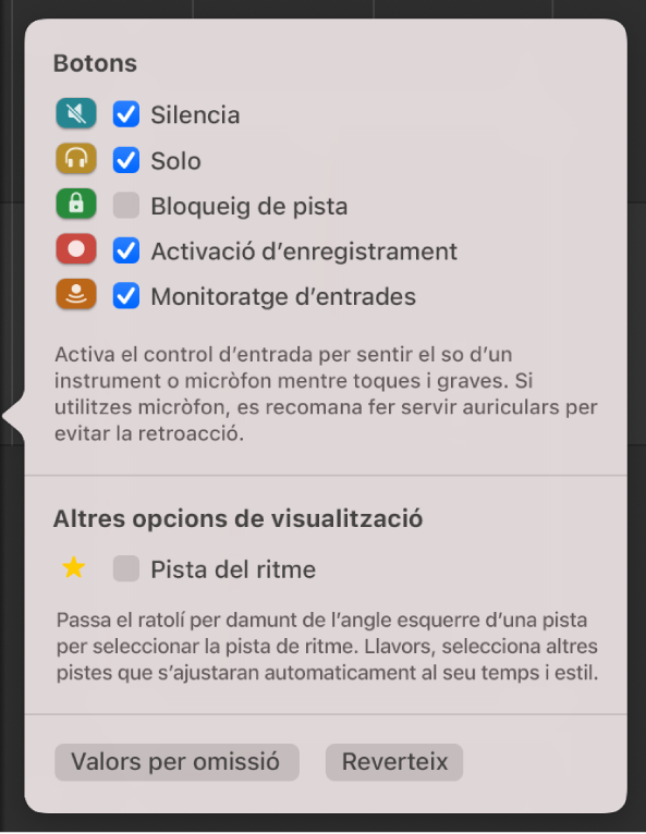Quadre de diàleg de la configuració de capçalera de pista.
