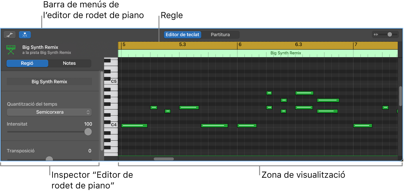 Editor de teclat que assenyala un esdeveniment de nota MIDI.