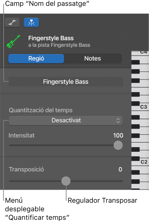 L’inspector de l’editor de teclat, en mode Passatge, i els controls.