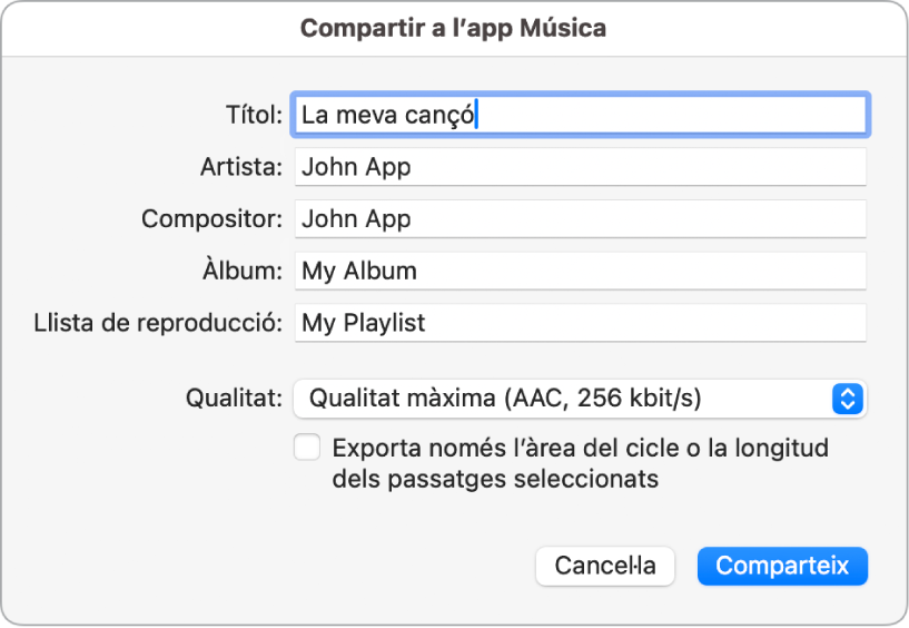 Quadre de diàleg “Comparteix amb l’app Música”.