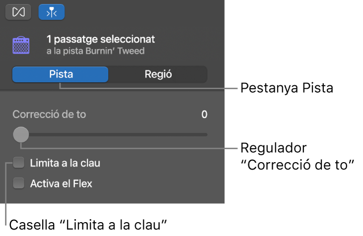 L’inspector de l’editor d’àudio en mode Pista, amb el regulador “Correcció de to” i la casella “Limita a la clau”.