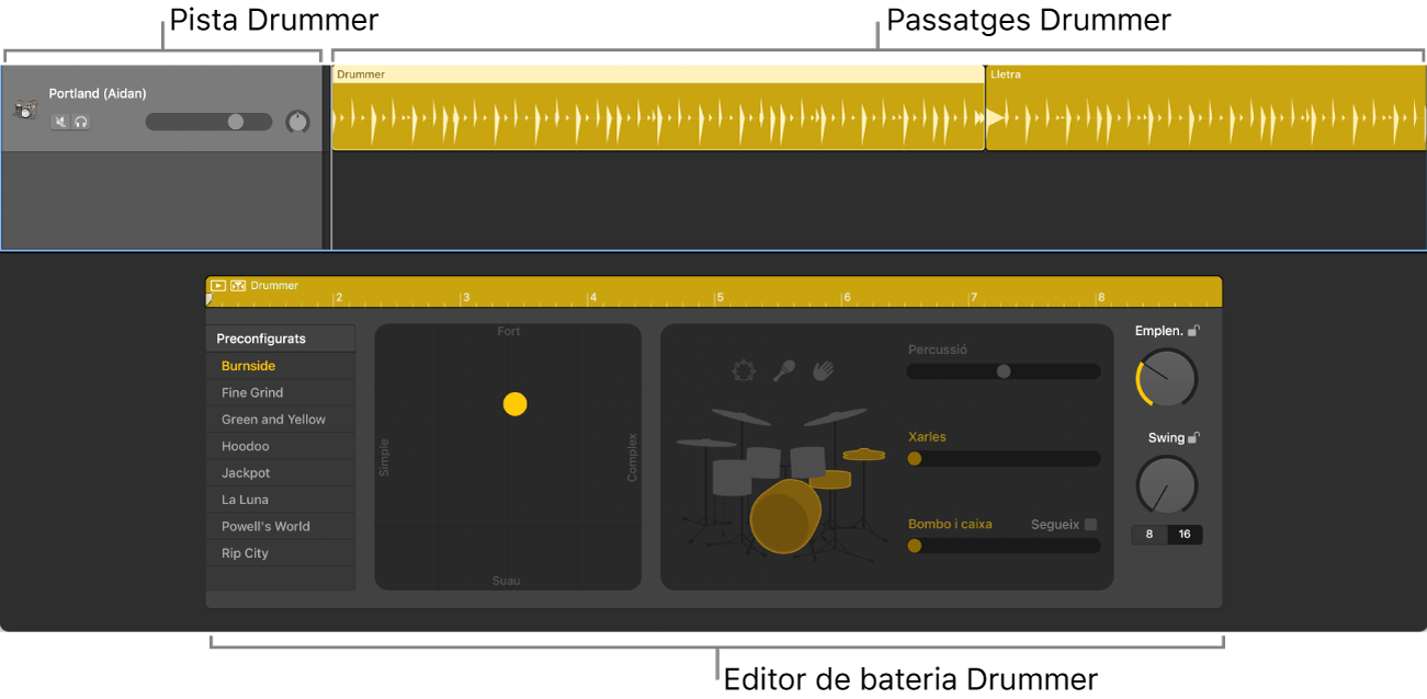 Una pista Drummer i l’editor Drummer.