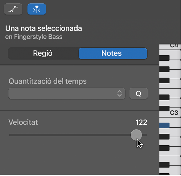 Edició de la velocitat de les notes a l’editor de teclat.