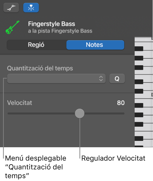 L’inspector de l’editor de teclat, en mode Notes, i els controls.