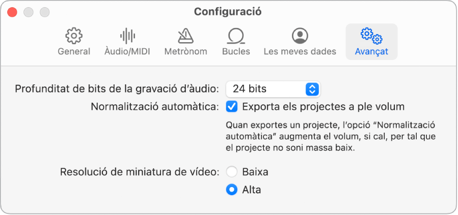 El tauler de configuració Avançat.