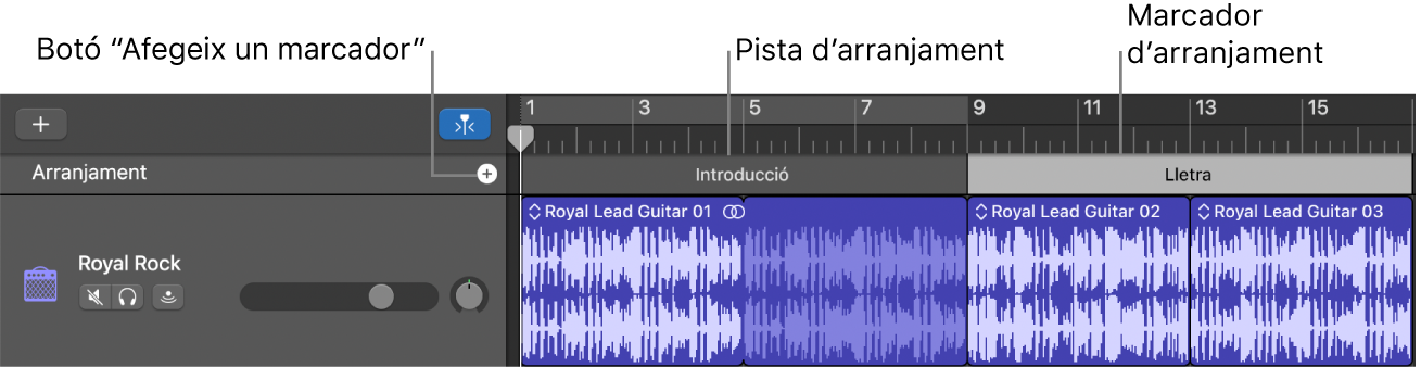 Pista d’arranjament, amb el botó “Afegeix un marcador” i el passatge Arranjament.