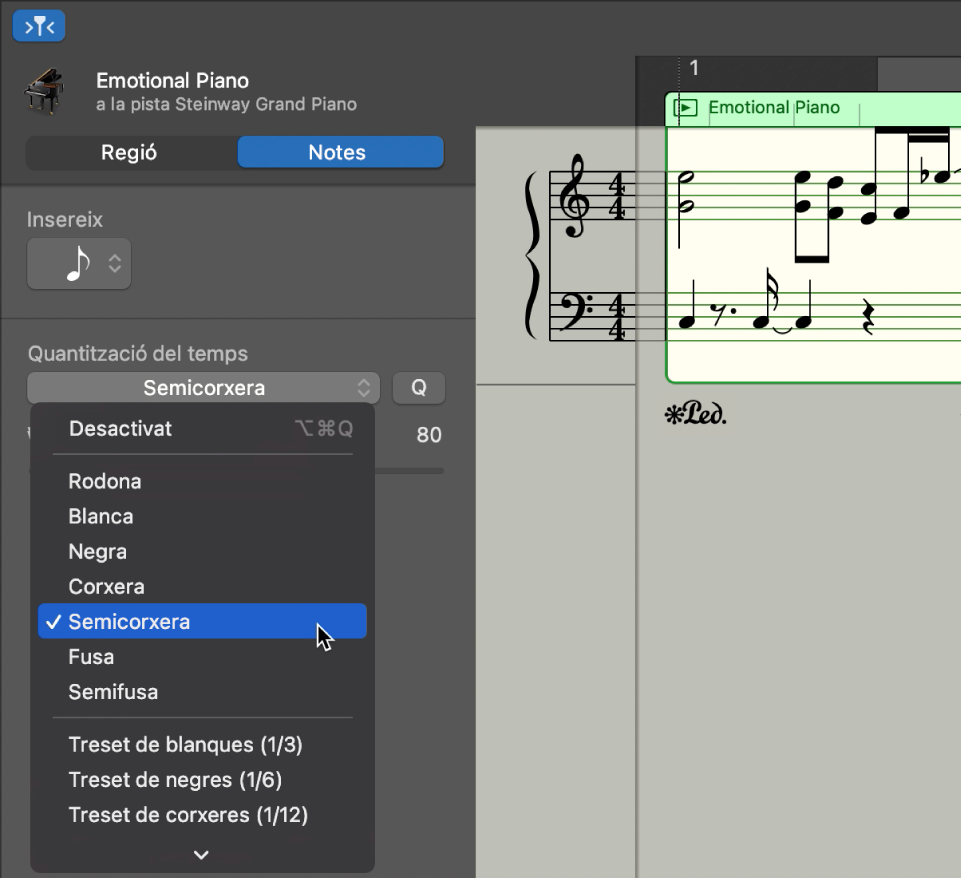 Selecció d’un valor al menú desplegable “Quantificador de temps” de l’editor de partitura.