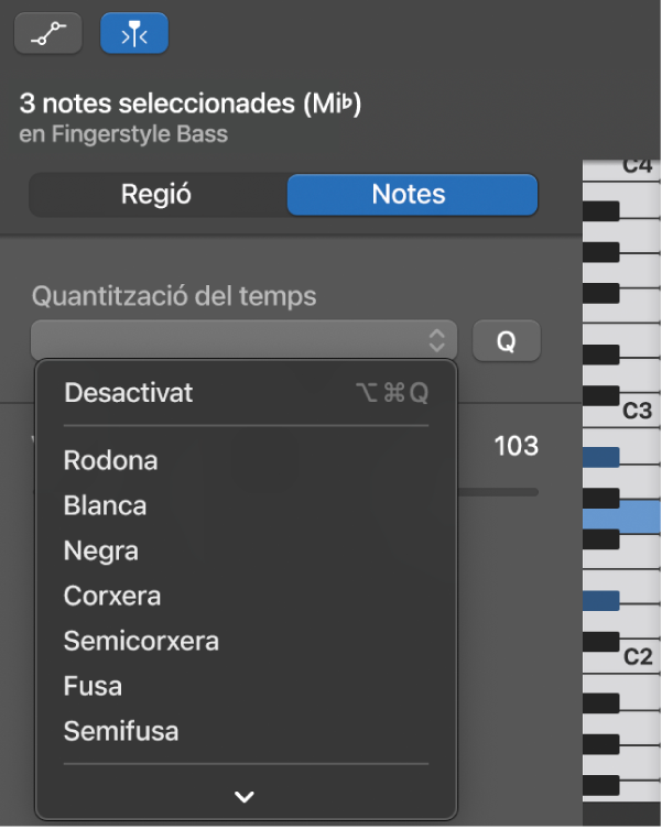Selecció d’un valor al menú desplegable “Quantificador de temps” de l’inspector de l’editor de teclat.
