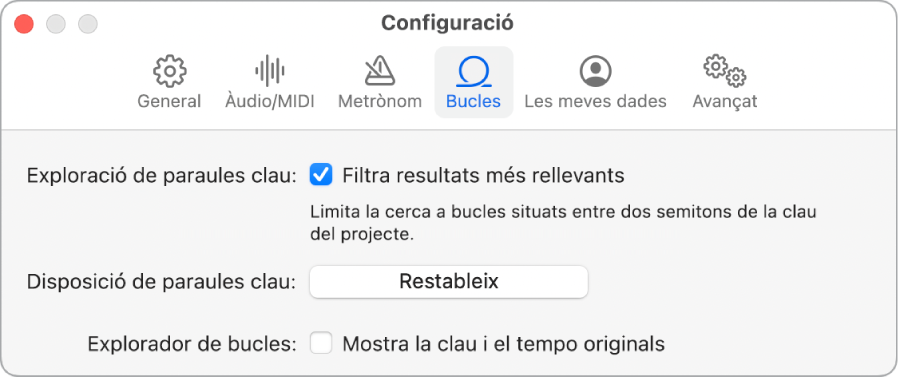 El tauler de configuració de bucles.