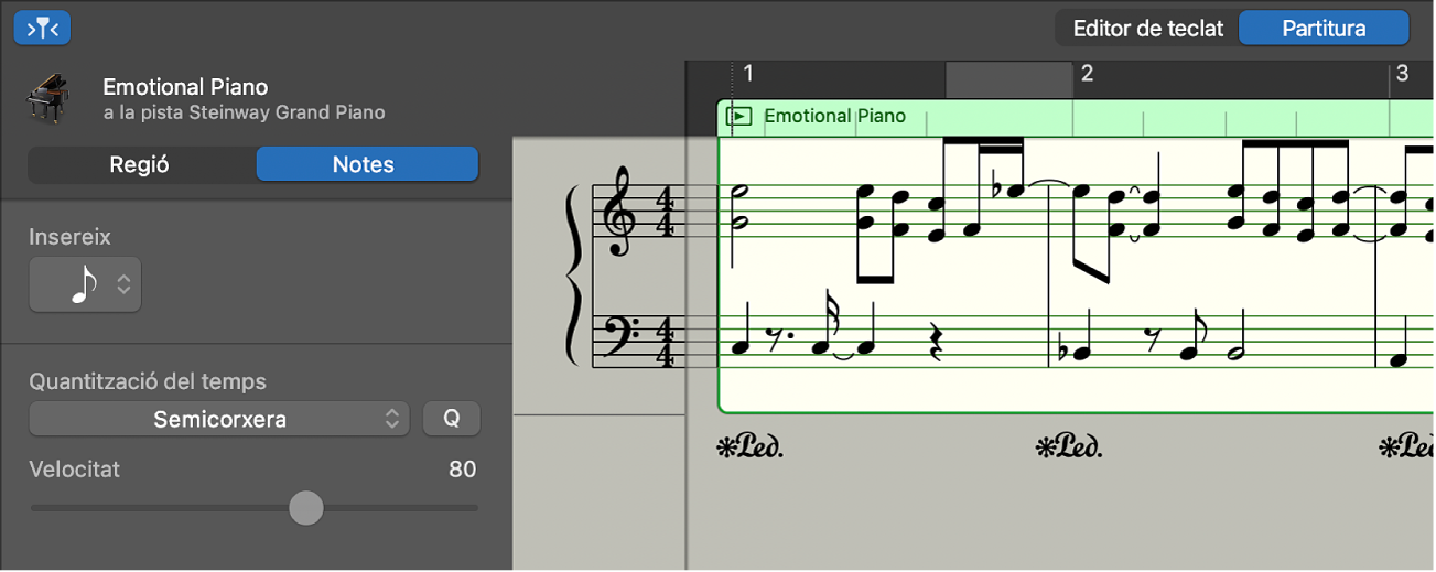 L’editor de partitura, que mostra la notació.