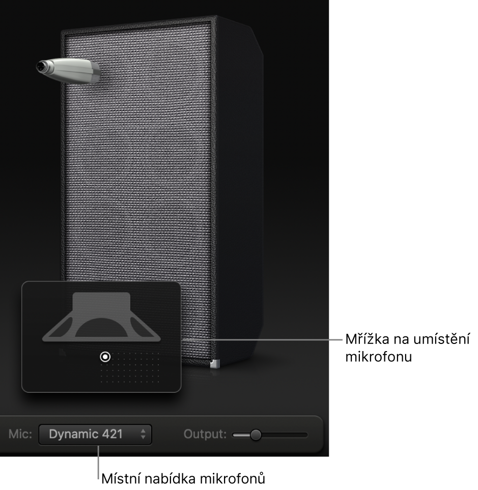 Sekce reproboxu v Bass Amp Designeru s nabídkou Mic a mřížkou umístění mikrofonu