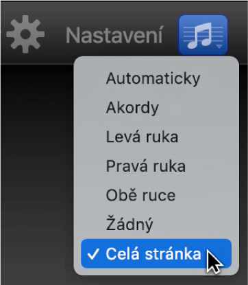 Výběr volby Celá stránka v místní nabídce Notace