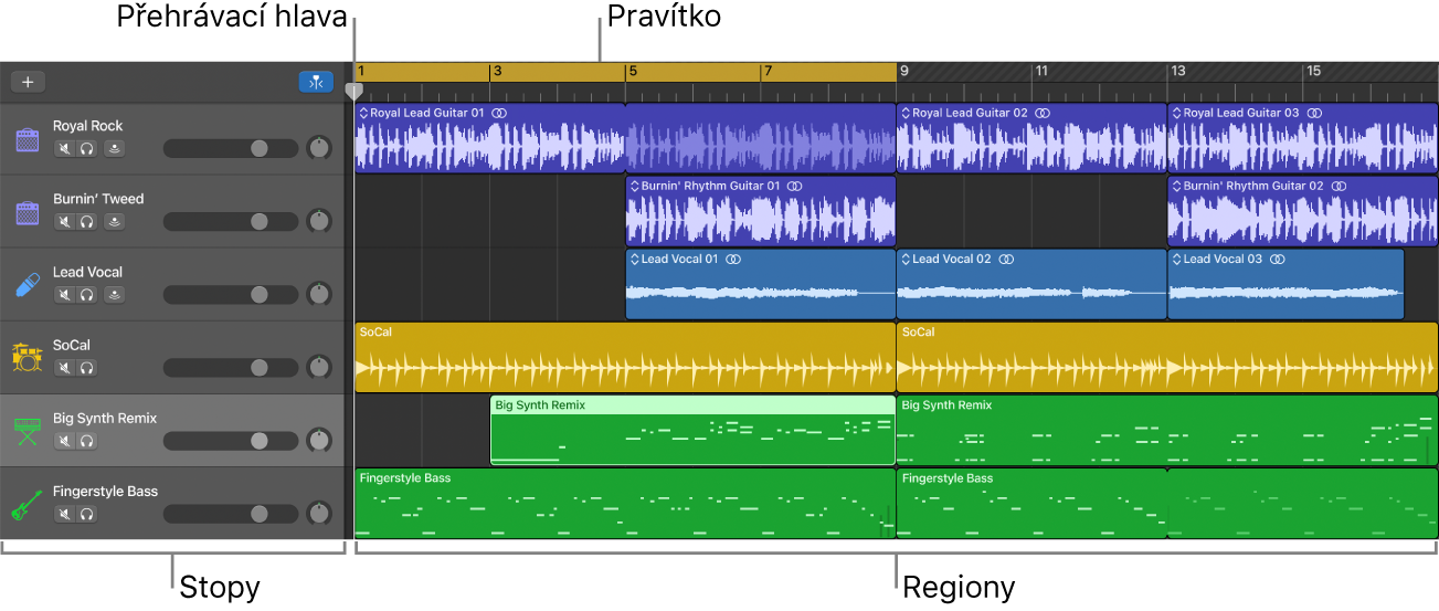 Oblast stop se stopami, regiony, přehrávací hlavou a pravítkem