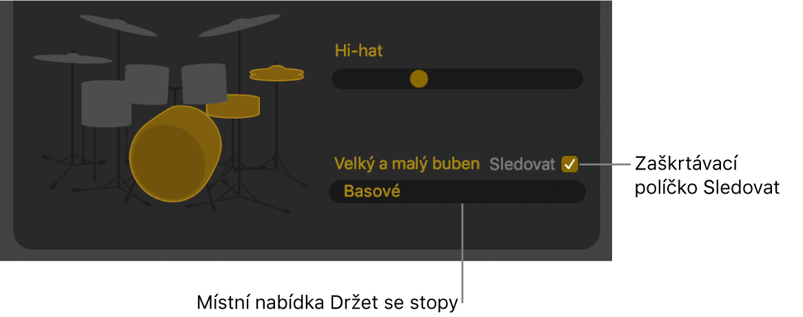 Editor Drummeru se zobrazeným políčkem Sledovat a místní nabídkou Sledovat stopu