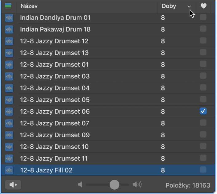 Záhlaví sloupce Doby v prohlížeči smyček