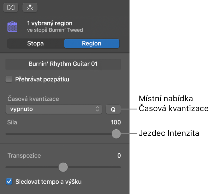 Inspektor Editor zvuku se zobrazenou místní nabídkou Časová kvantizace a jezdcem Intenzita