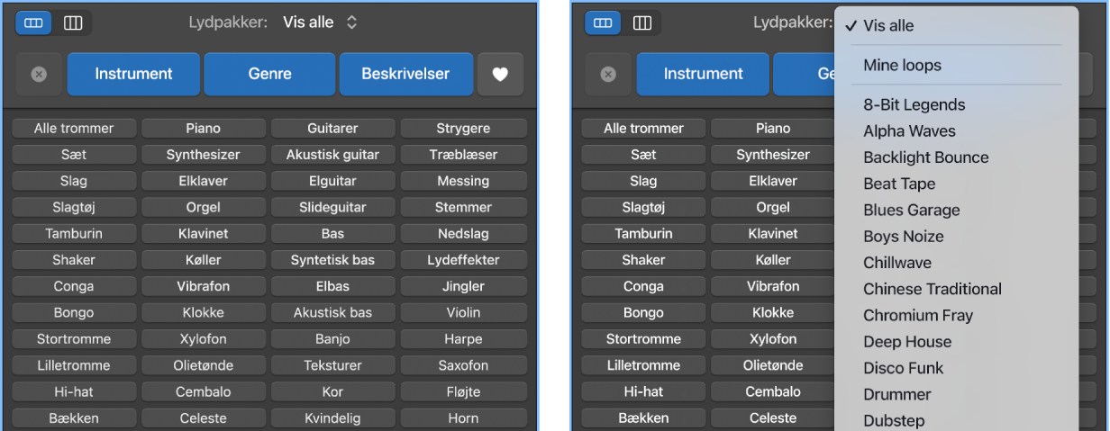 Den åbne lokalmenu Loops.