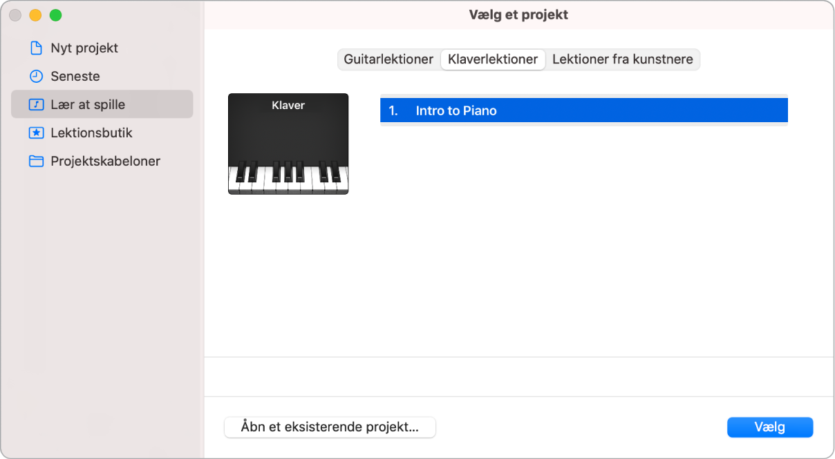 Vælg en Lær at spille-lektion i projektvælgeren.