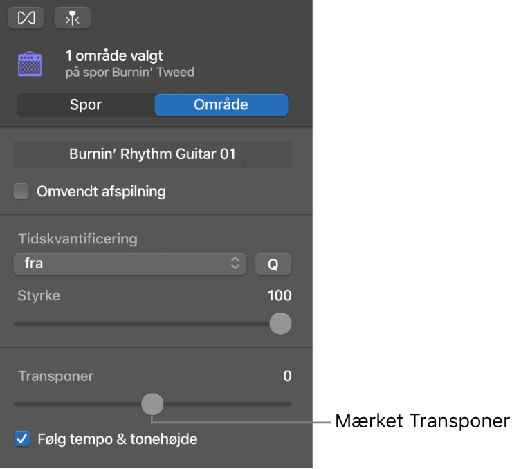 Info om lydværktøj i områdefunktion med mærket Transponer.