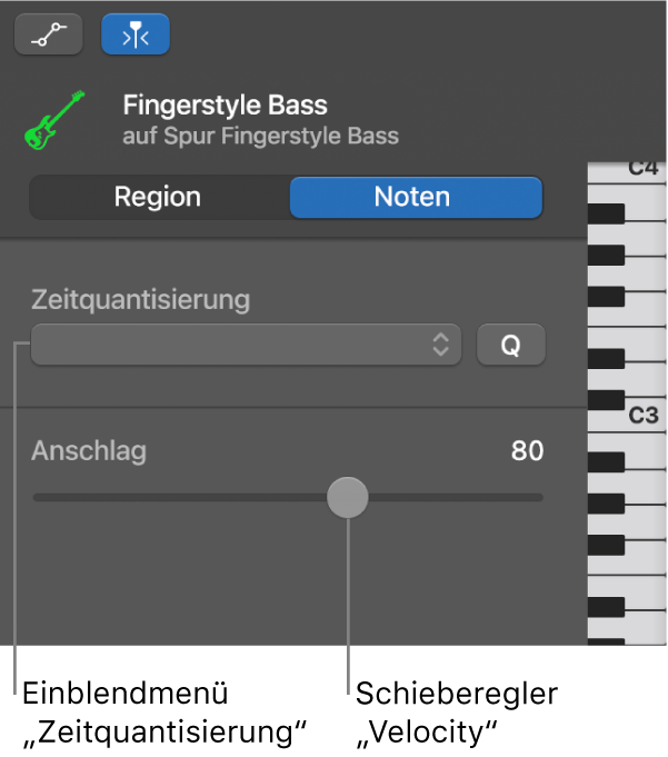 Informationsfenster des Pianorolleneditors im Notenmodus mit Steuerungen