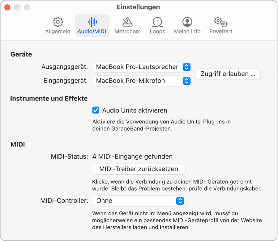 Einstellungen „Audio/MIDI“.