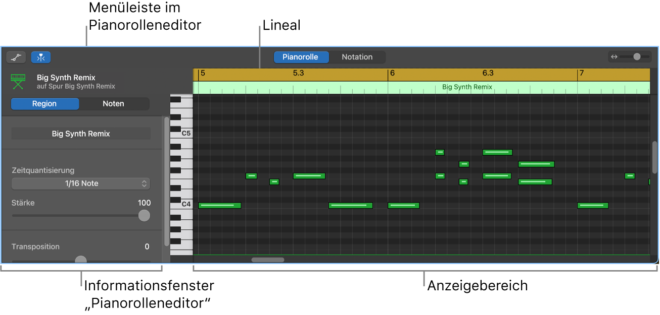 Pianorolleneditor mit hervorgehobenem MIDI-Noten-Event