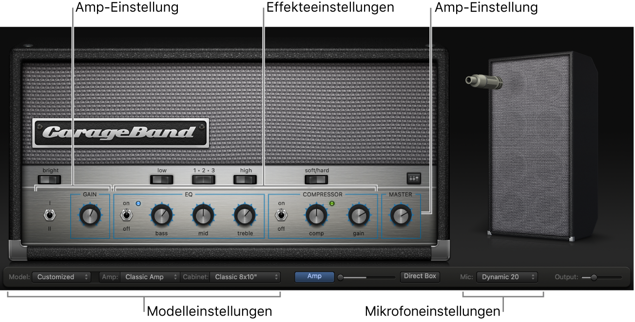 Bass Amp Designer mit verschiedenen Bereichen mit Steuerungen