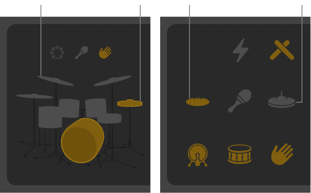Drummer-Editor mit Stücken mit aus- und eingeschaltetem Ton