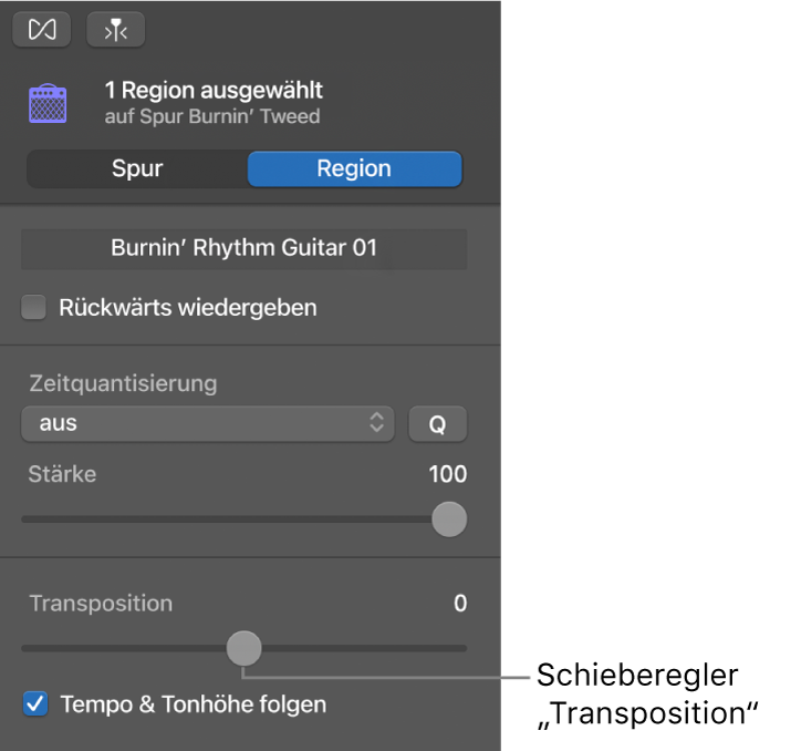 Informationsfenster „Audio-Editor“ im Regionsmodus mit dem Transpositionsregler