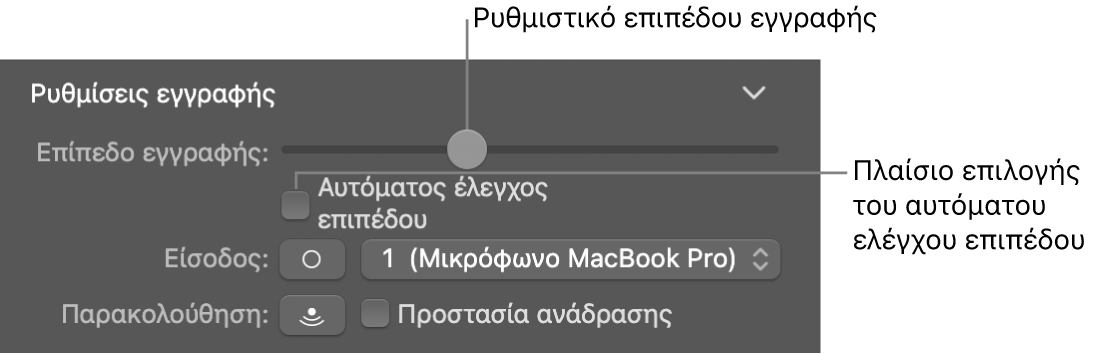 Το ρυθμιστικό επιπέδου έντασης εγγραφής και το πλαίσιο επιλογής «Αυτόματος έλεγχος επιπέδου έντασης» στον επιθεωρητή Smart Control.