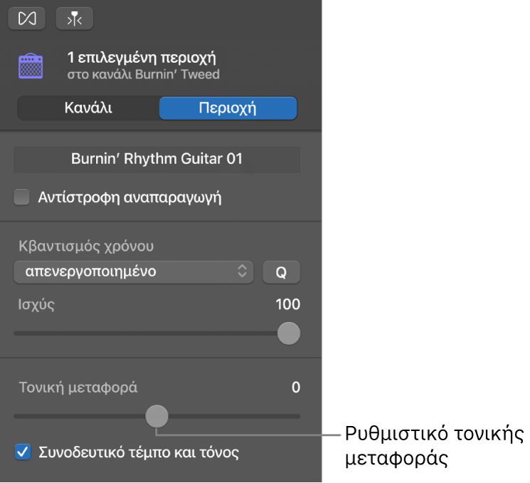 Επιθεωρητής του Προγράμματος επεξεργασίας ήχου στη λειτουργία Περιοχής όπου φαίνεται το ρυθμιστικό Τονικής μεταφοράς.