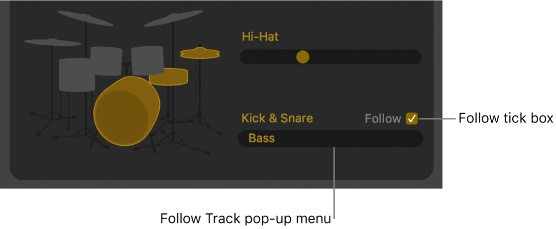 Drummer Editor showing Follow tick box and Follow Track pop-up menu.