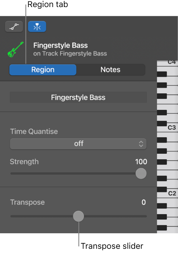 Piano Roll Editor inspector, showing Region button and Transpose slider.