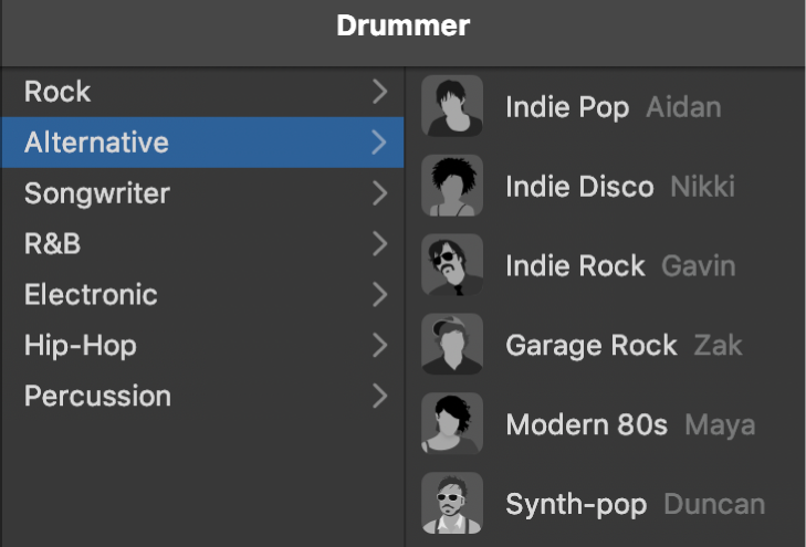 Choosing a genre in the Drummer Editor.