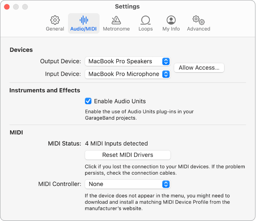 Audio/MIDI Settings pane.