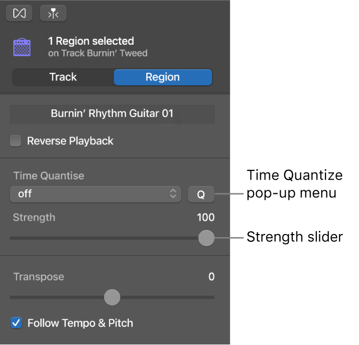 Audio Editor inspector, showing Time Quantise pop-up menu and Strength slider.