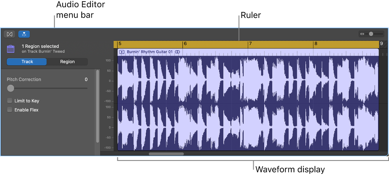 Audio Editor with region selected.