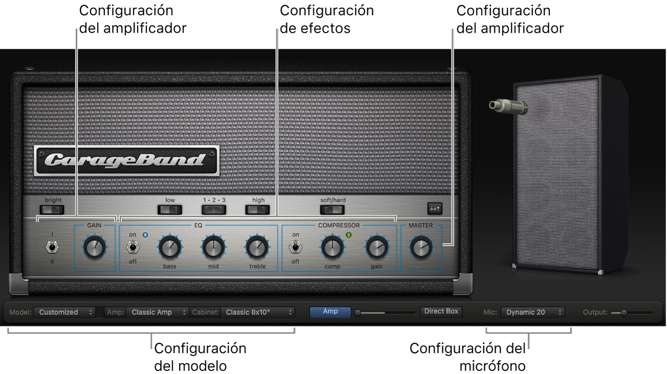 Ventana de Bass Amp Designer en la que se ven distintas áreas de control.