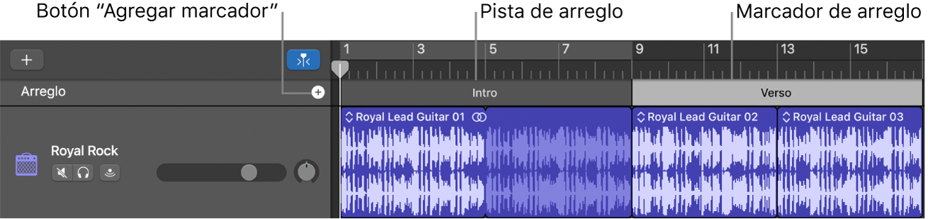 Pista de arreglo con el botón Agregar marcador y el pasaje de arreglos.