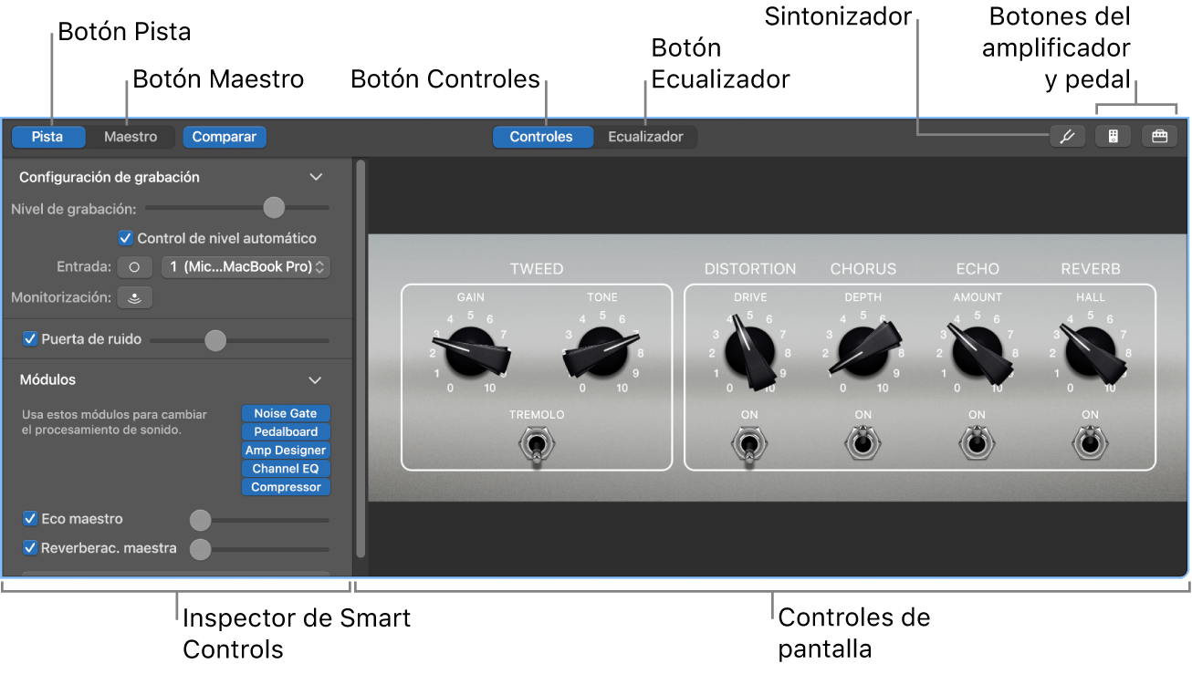 Panel Smart Controls abierto, con los controles de pantalla y la barra de menús.