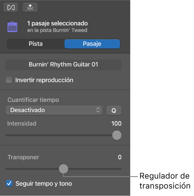 Inspector del editor de audio en modo Pasaje, con el regulador Transponer.