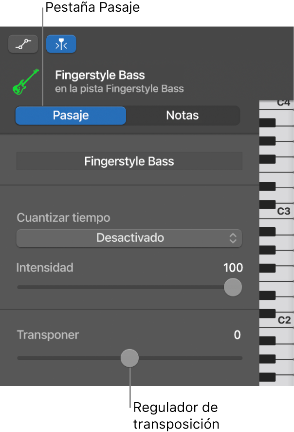 Inspector del editor de teclado, con el botón Pasaje y el regulador Transponer.