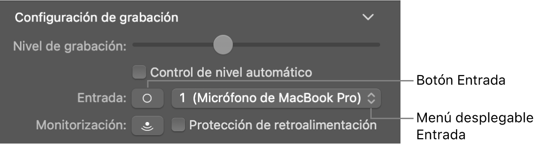 Botón y menú desplegable Entrada en el inspector de Smart Controls.